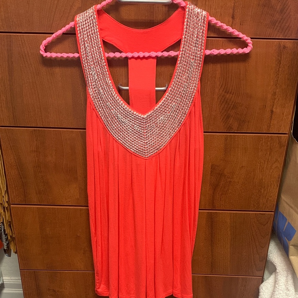 Elegant Orange 🍊 Sleeveless Top with Embellished Neckline